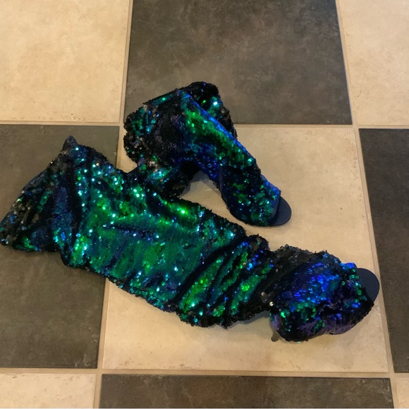 Women's Peep Toe, Thigh High Slouch, Zipper, Sequin Over The Knee Boots US9 EU40 - Picture 6 of 12